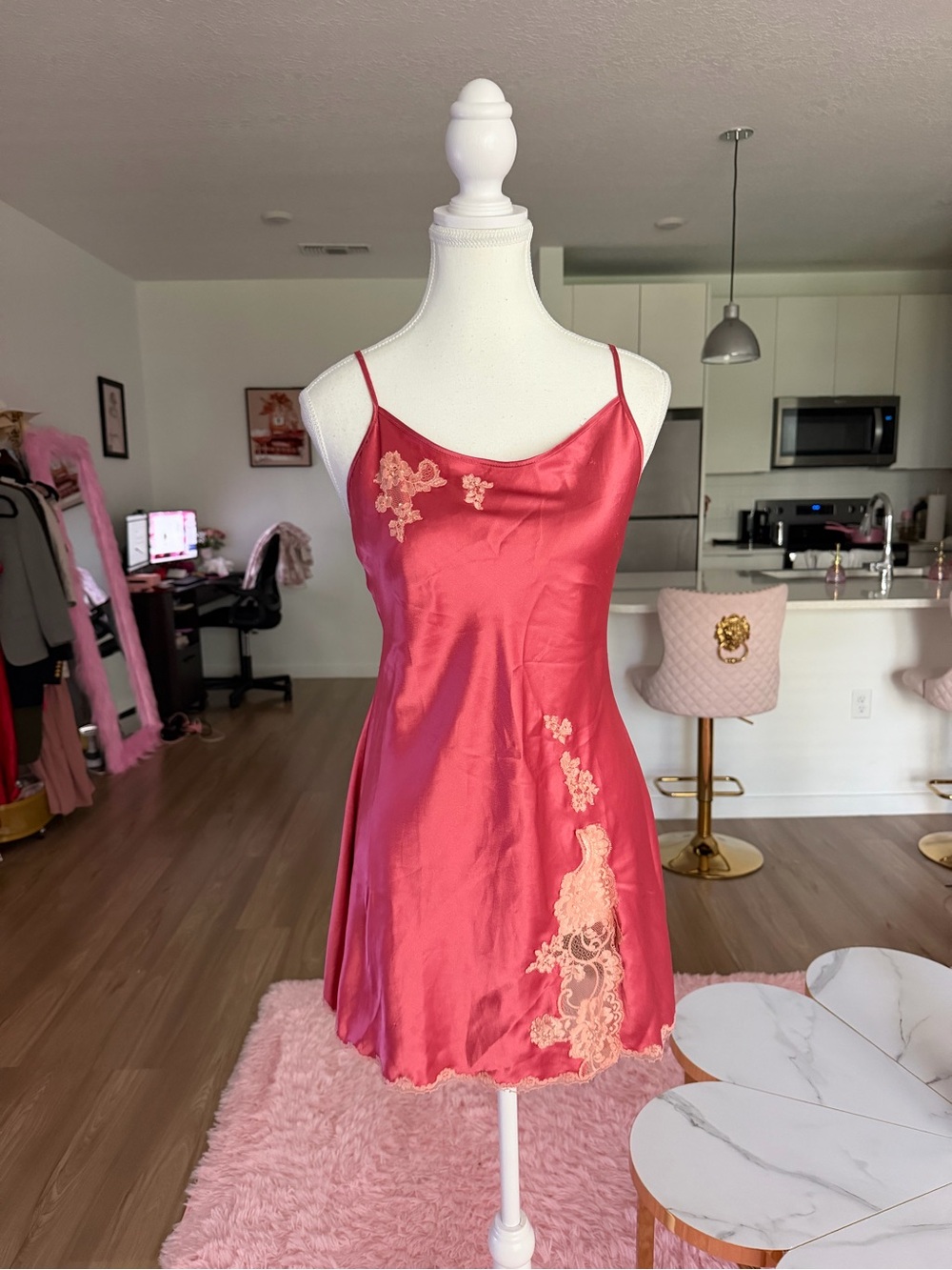 Victoria's Secret Red Satin Slip with Cream Lace Appliqué